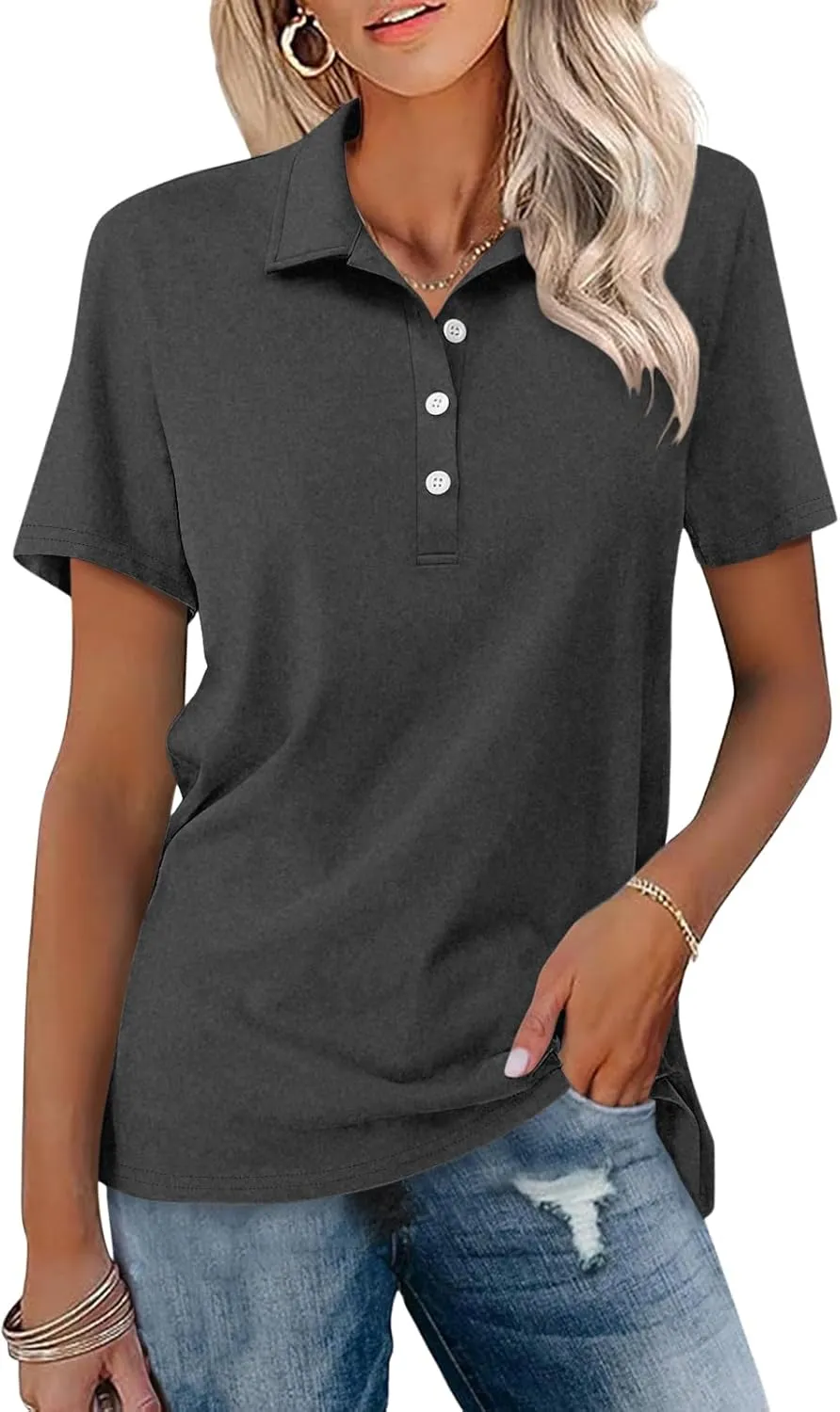 Womens Polo Shirts Short Sleeve Button Lapel Collared Summer Tops Business Casual Basic Tees