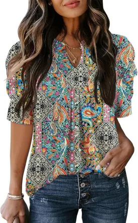 Women's Puff Short Sleeve Shirt V Neck Summer Tops Casual Fashion T Shirts Loose Fit Blouses