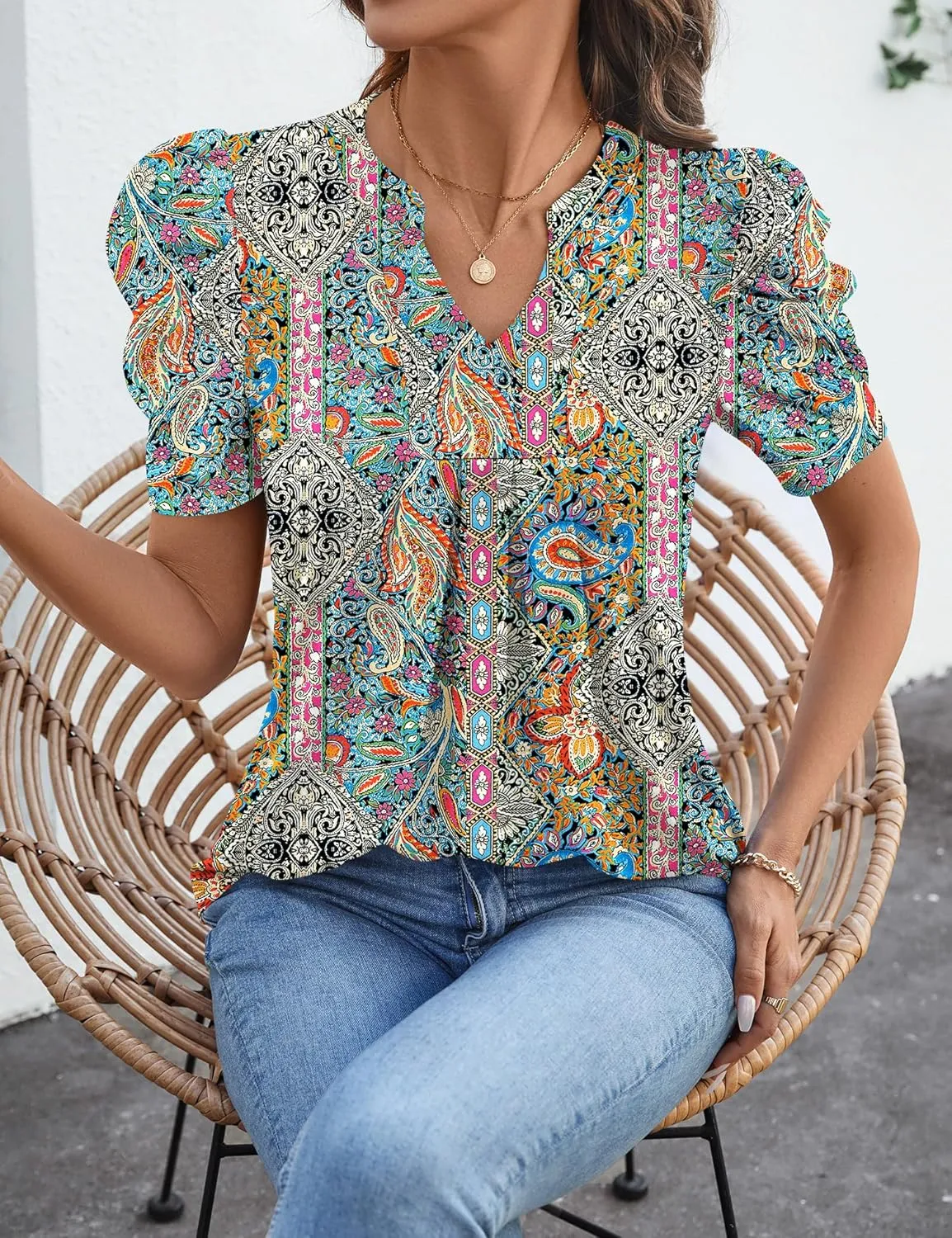 Women's Puff Short Sleeve Shirt V Neck Summer Tops Casual Fashion T Shirts Loose Fit Blouses