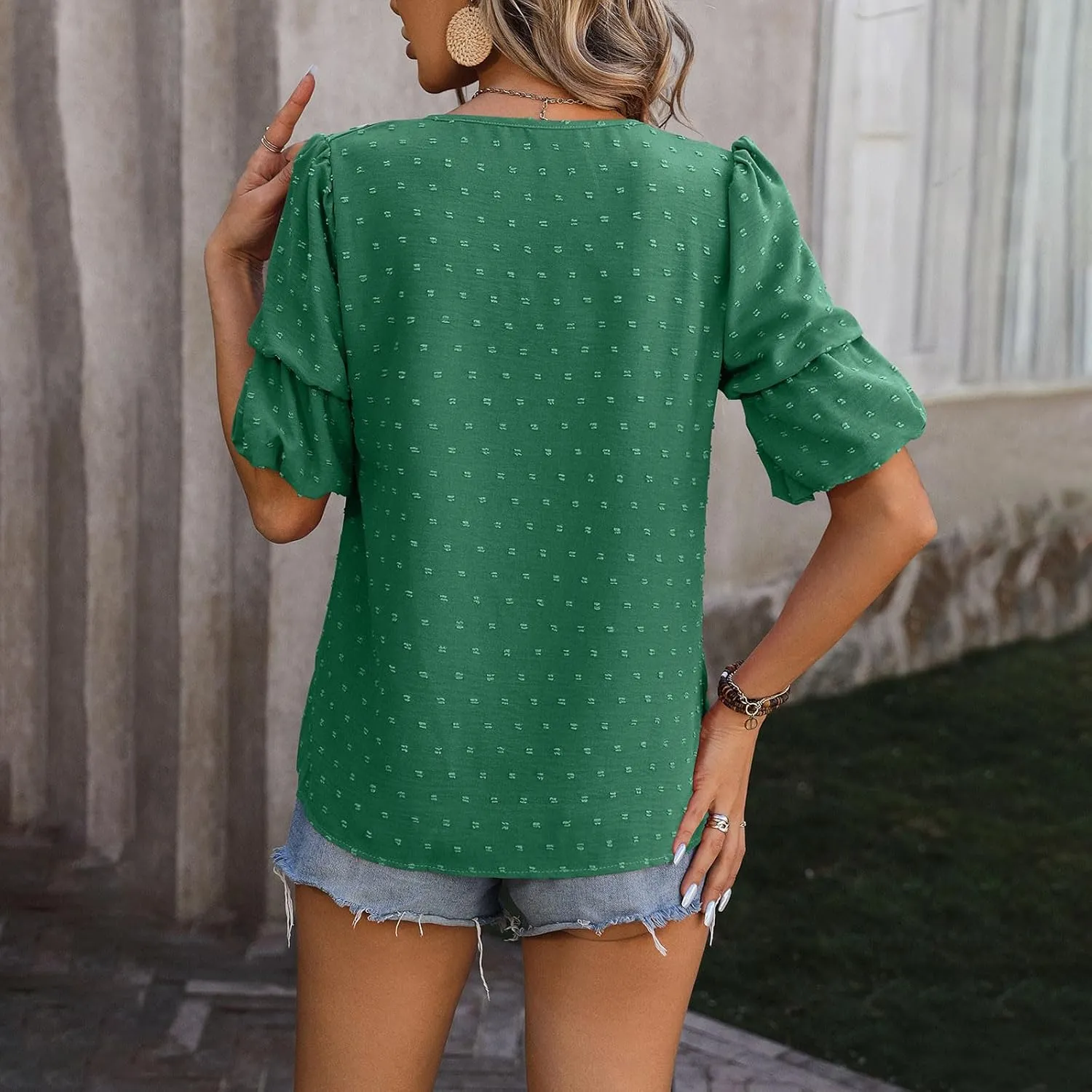 Womens Puff Sleeve Tops Dressy Casual V Neck Blouses Swiss Dot Balloon Short Sleeve Blouses Pom Pom Shirts Summer Tee