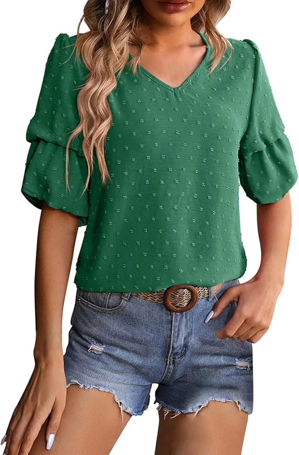 Womens Puff Sleeve Tops Dressy Casual V Neck Blouses Swiss Dot Balloon Short Sleeve Blouses Pom Pom Shirts Summer Tee