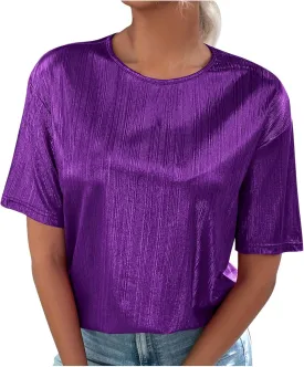 Women's Shiny Metallic Tops Short Sleeve T Shirt Glitter Party Disco Club Tees Holographic Music Festival Outfit