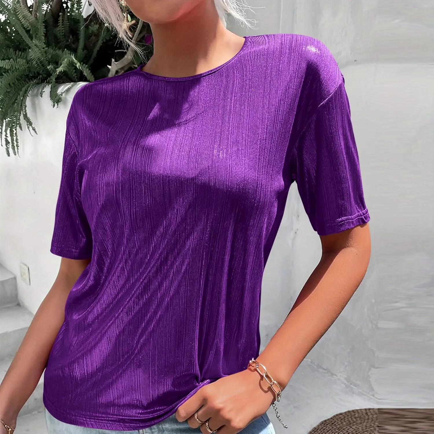 Women's Shiny Metallic Tops Short Sleeve T Shirt Glitter Party Disco Club Tees Holographic Music Festival Outfit