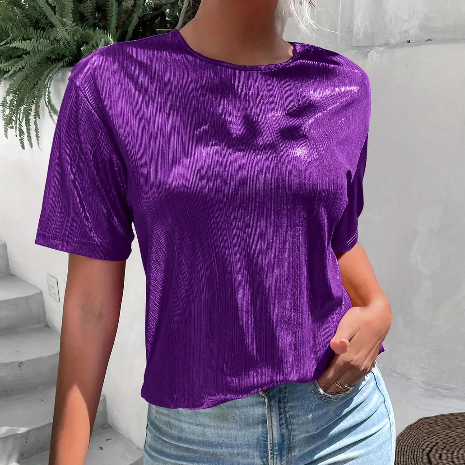 Women's Shiny Metallic Tops Short Sleeve T Shirt Glitter Party Disco Club Tees Holographic Music Festival Outfit
