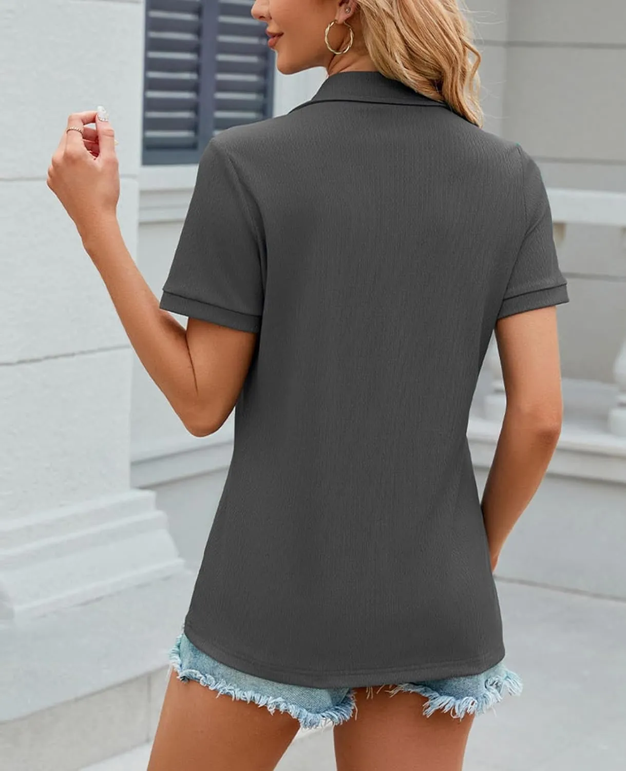 Women's Short Sleeve Zipper Polo Shirts Summer Collared Down T Shirts Top Casual Loose Fit Blouses