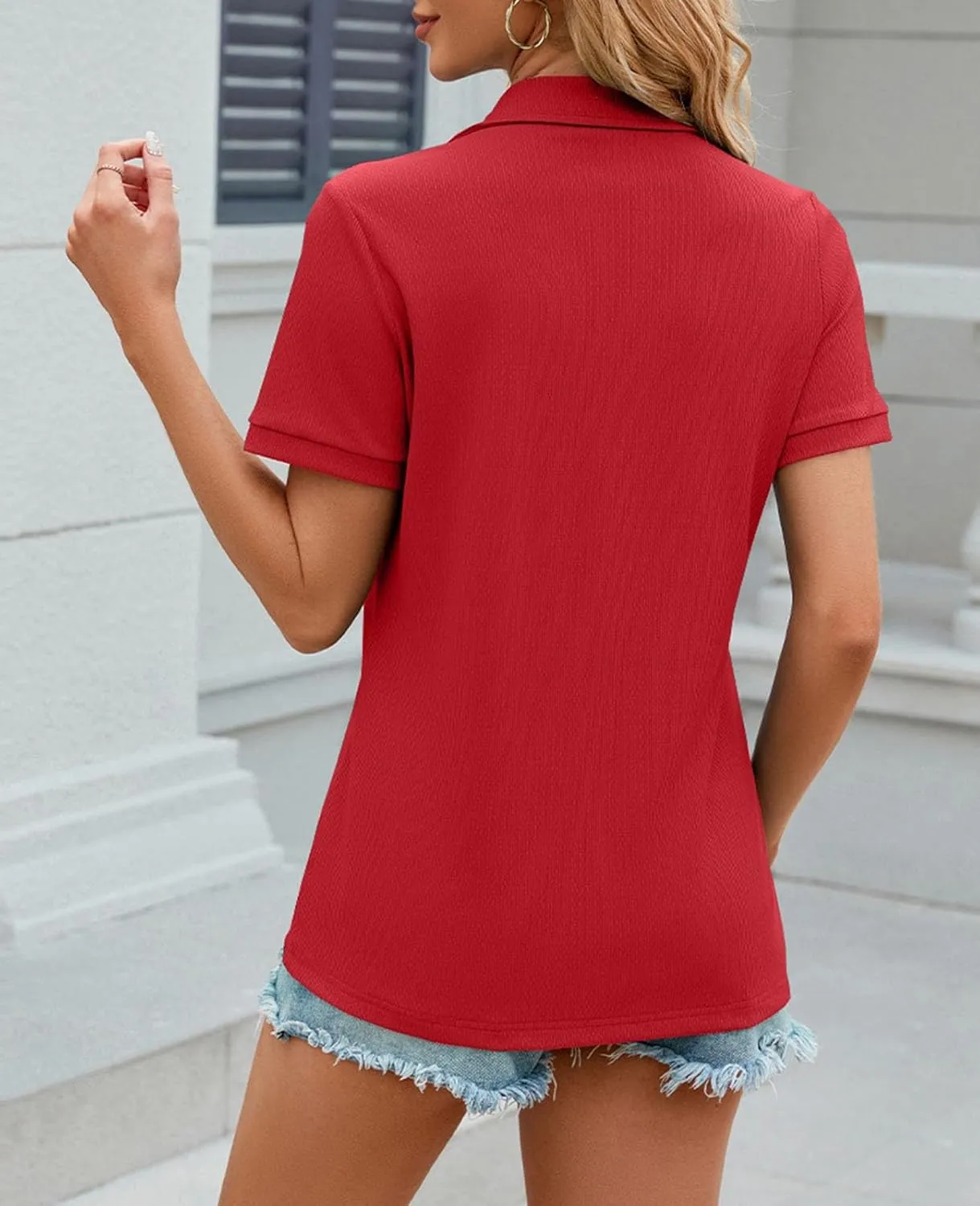 Women's Short Sleeve Zipper Polo Shirts Summer Collared Down T Shirts Top Casual Loose Fit Blouses