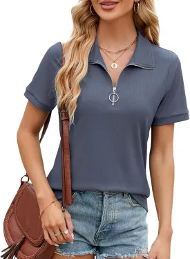 Women's Short Sleeve Zipper Polo Shirts Summer Collared Down T Shirts Top Casual Loose Fit Blouses