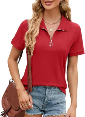 Women's Short Sleeve Zipper Polo Shirts Summer Collared Down T Shirts Top Casual Loose Fit Blouses