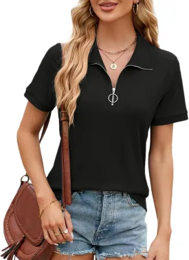 Women's Short Sleeve Zipper Polo Shirts Summer Collared Down T Shirts Top Casual Loose Fit Blouses