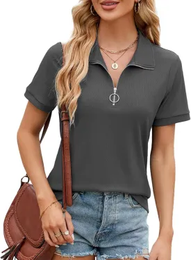 Women's Short Sleeve Zipper Polo Shirts Summer Collared Down T Shirts Top Casual Loose Fit Blouses