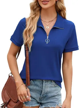 Women's Short Sleeve Zipper Polo Shirts Summer Collared Down T Shirts Top Casual Loose Fit Blouses