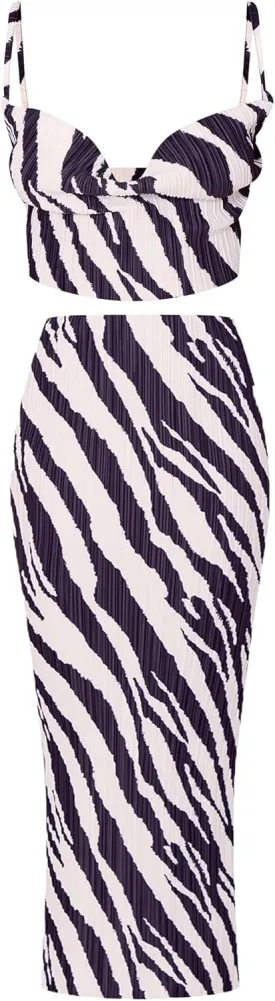 Women's Summer 2 Piece Beach Outfit Casual Sleeveless Pleated Cropped Tank Top High Waisted Maxi Skirt Set