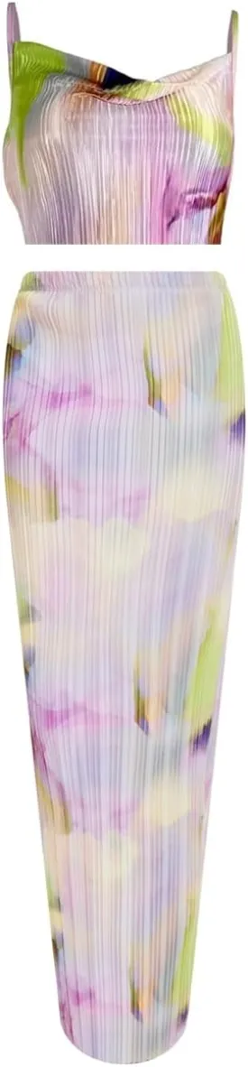 Women's Summer 2 Piece Beach Outfit Casual Sleeveless Pleated Cropped Tank Top High Waisted Maxi Skirt Set