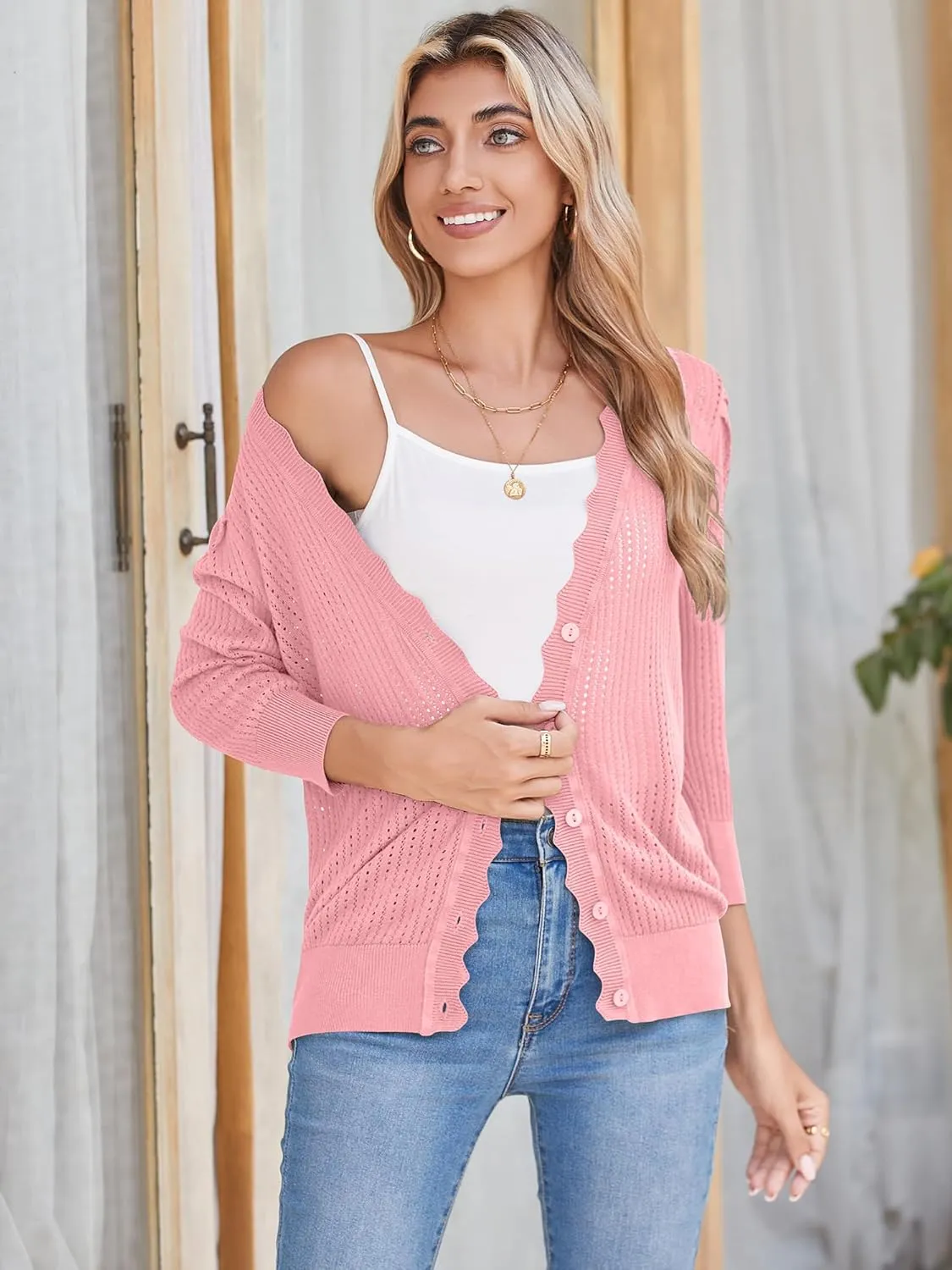 Women's Summer Cardigans Lightweight 3/4 Sleeve Button Front Crochet Sweater Shrugs