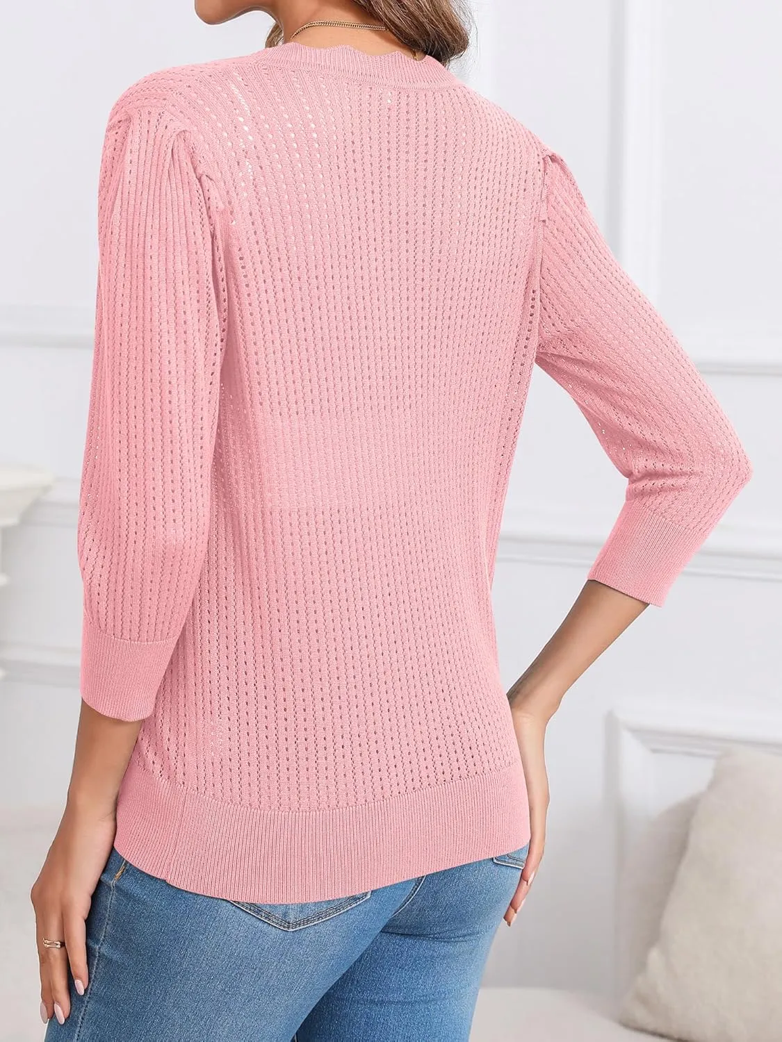 Women's Summer Cardigans Lightweight 3/4 Sleeve Button Front Crochet Sweater Shrugs