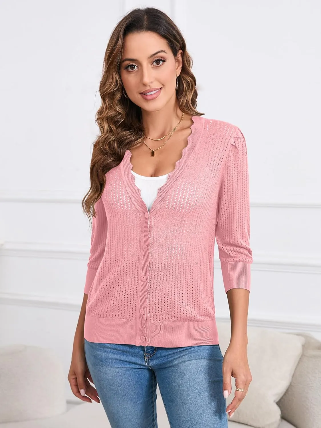 Women's Summer Cardigans Lightweight 3/4 Sleeve Button Front Crochet Sweater Shrugs