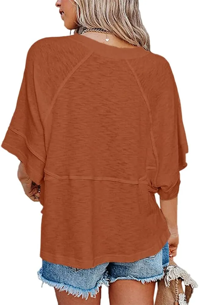 Women's Summer Casual Crewneck Batwing Half Sleeve T-Shirts Solid Color Loose Fit Cute Basic Flowy Tops Tees Blouses