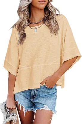 Women's Summer Casual Crewneck Batwing Half Sleeve T-Shirts Solid Color Loose Fit Cute Basic Flowy Tops Tees Blouses