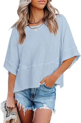 Women's Summer Casual Crewneck Batwing Half Sleeve T-Shirts Solid Color Loose Fit Cute Basic Flowy Tops Tees Blouses