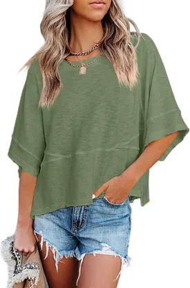 Women's Summer Casual Crewneck Batwing Half Sleeve T-Shirts Solid Color Loose Fit Cute Basic Flowy Tops Tees Blouses