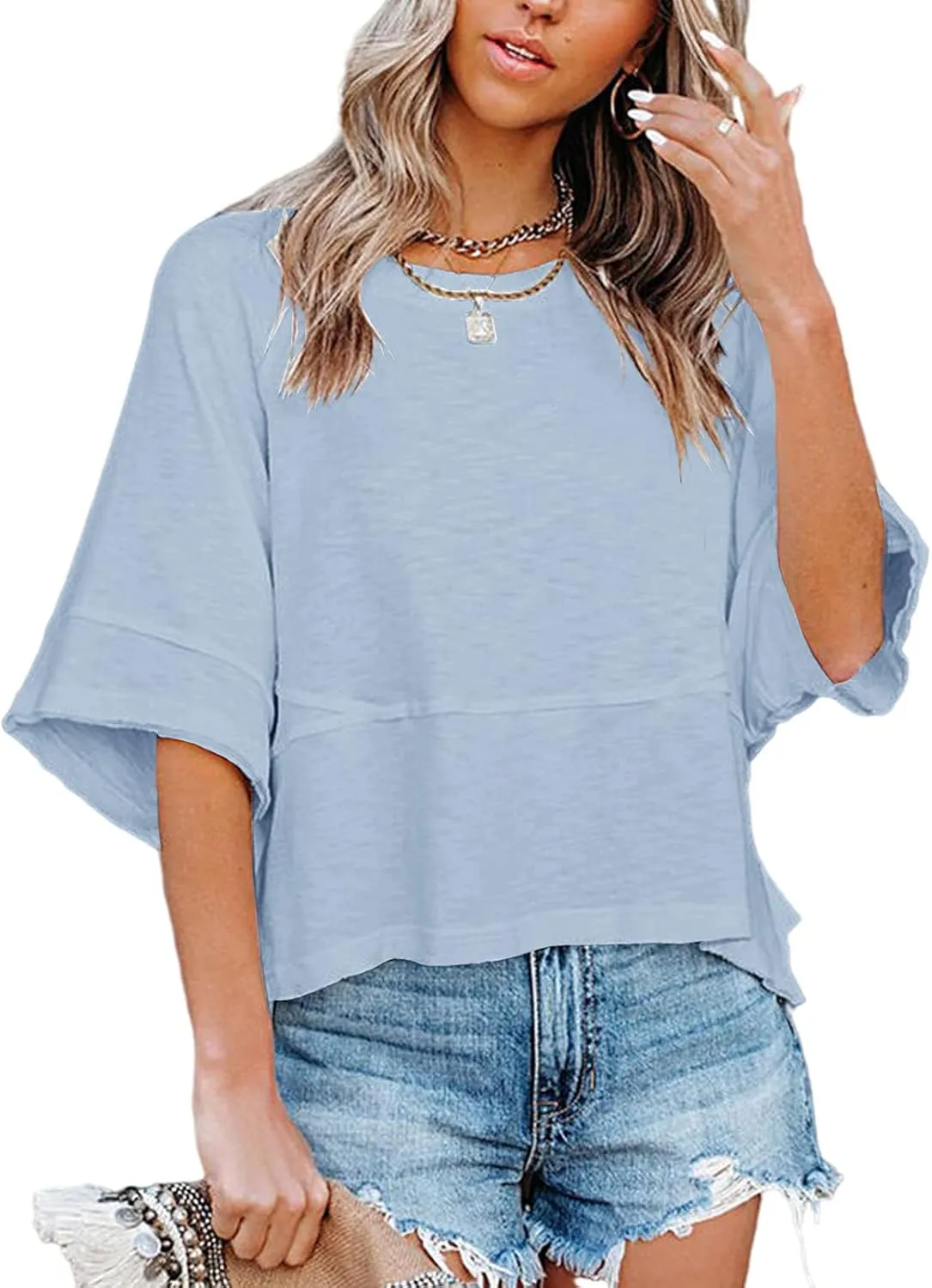 Women's Summer Casual Crewneck Batwing Half Sleeve T-Shirts Solid Color Loose Fit Cute Basic Flowy Tops Tees Blouses