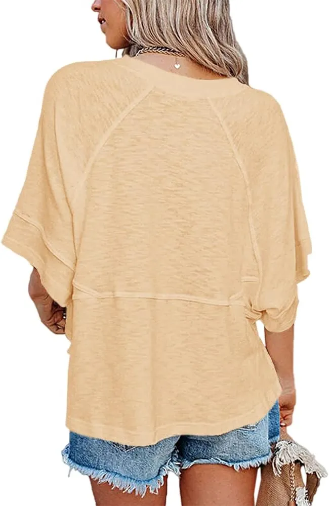 Women's Summer Casual Crewneck Batwing Half Sleeve T-Shirts Solid Color Loose Fit Cute Basic Flowy Tops Tees Blouses