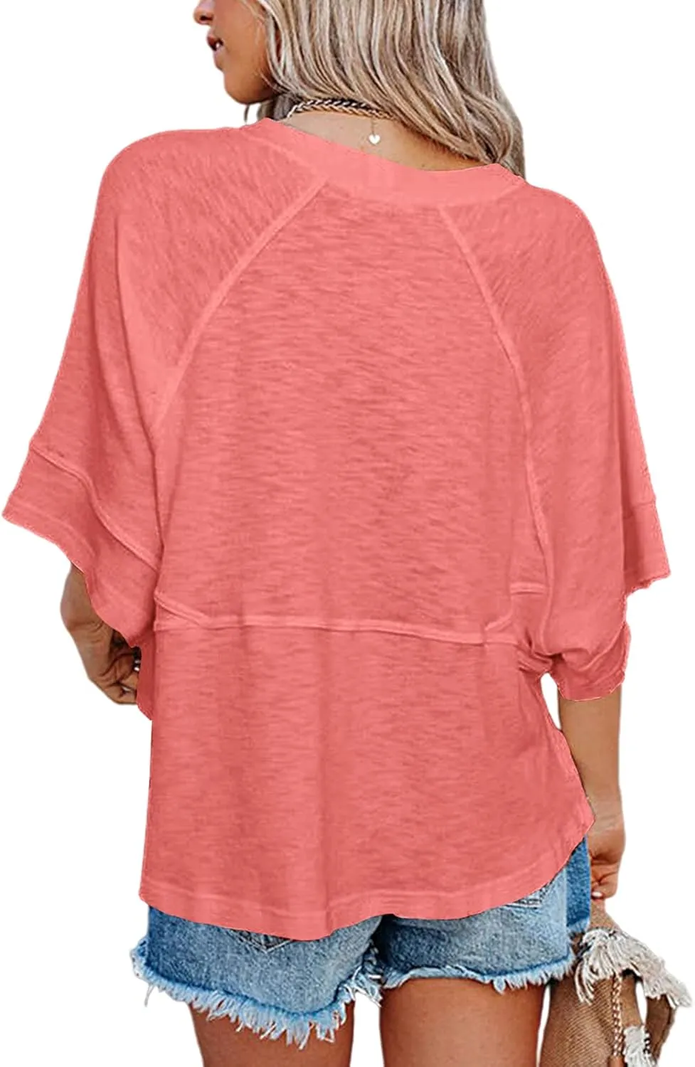 Women's Summer Casual Crewneck Batwing Half Sleeve T-Shirts Solid Color Loose Fit Cute Basic Flowy Tops Tees Blouses