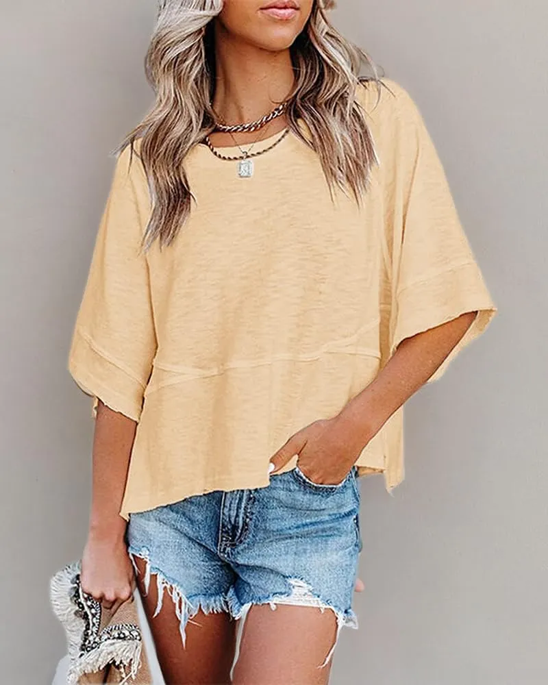 Women's Summer Casual Crewneck Batwing Half Sleeve T-Shirts Solid Color Loose Fit Cute Basic Flowy Tops Tees Blouses