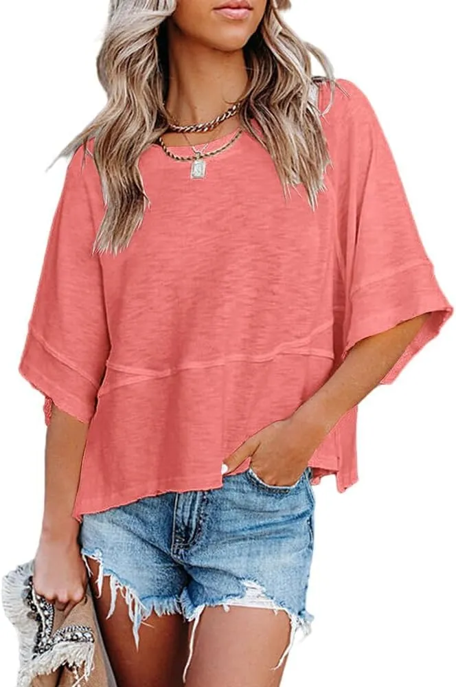 Women's Summer Casual Crewneck Batwing Half Sleeve T-Shirts Solid Color Loose Fit Cute Basic Flowy Tops Tees Blouses
