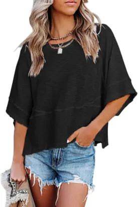 Women's Summer Casual Crewneck Batwing Half Sleeve T-Shirts Solid Color Loose Fit Cute Basic Flowy Tops Tees Blouses