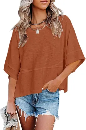 Women's Summer Casual Crewneck Batwing Half Sleeve T-Shirts Solid Color Loose Fit Cute Basic Flowy Tops Tees Blouses