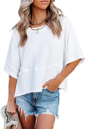 Women's Summer Casual Crewneck Batwing Half Sleeve T-Shirts Solid Color Loose Fit Cute Basic Flowy Tops Tees Blouses