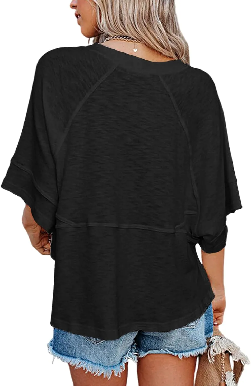 Women's Summer Casual Crewneck Batwing Half Sleeve T-Shirts Solid Color Loose Fit Cute Basic Flowy Tops Tees Blouses
