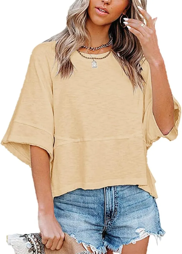 Women's Summer Casual Crewneck Batwing Half Sleeve T-Shirts Solid Color Loose Fit Cute Basic Flowy Tops Tees Blouses
