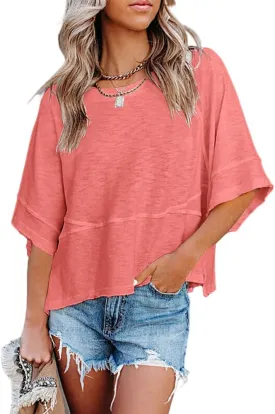Women's Summer Casual Crewneck Batwing Half Sleeve T-Shirts Solid Color Loose Fit Cute Basic Flowy Tops Tees Blouses