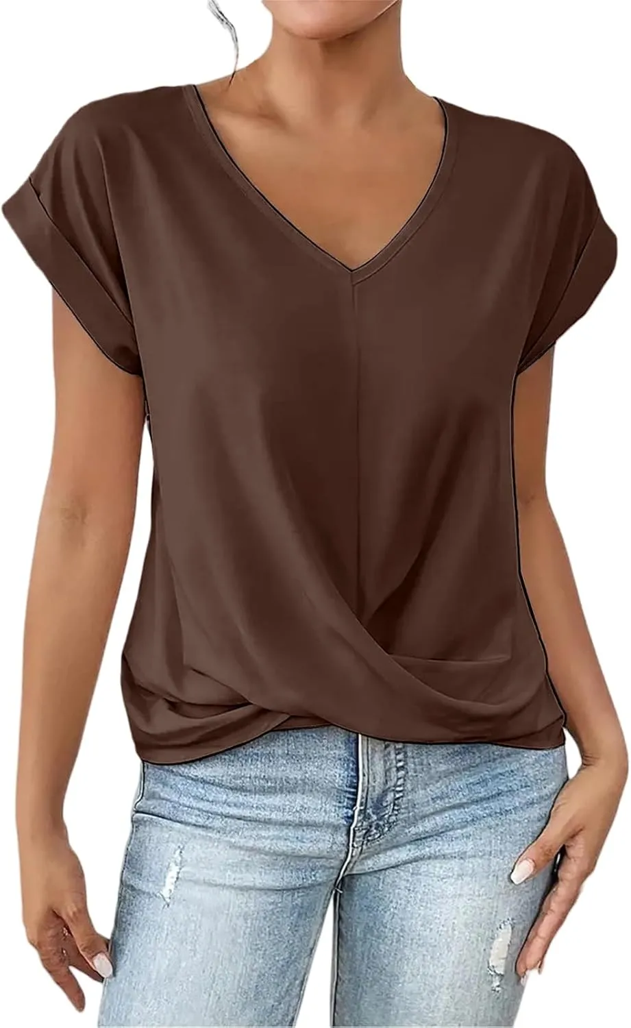 Womens Summer Tops Twist Front Shirt Cap Sleeve V Neck t-Shirts Casual Dressy Shirts Loose Fit tees Elegant Blouses