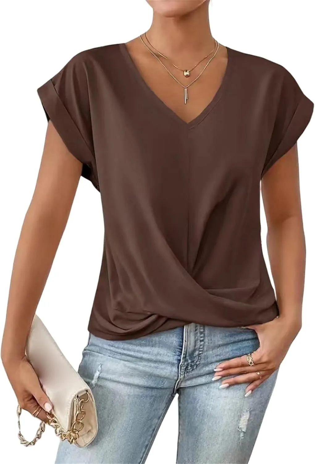 Womens Summer Tops Twist Front Shirt Cap Sleeve V Neck t-Shirts Casual Dressy Shirts Loose Fit tees Elegant Blouses