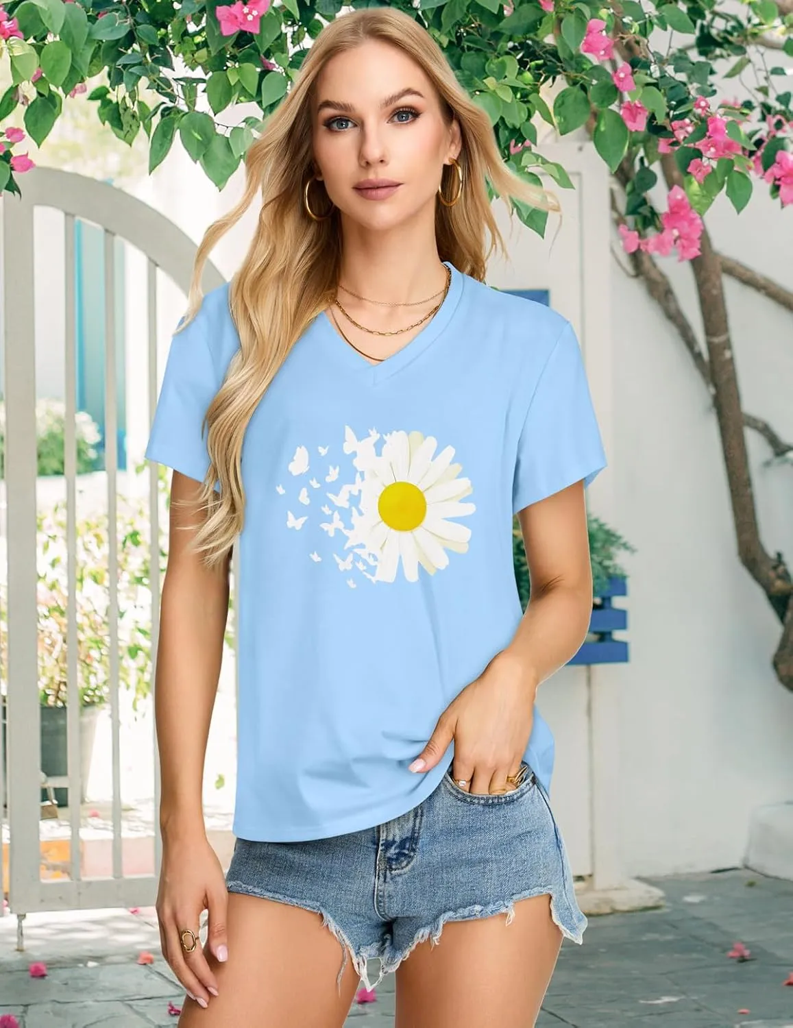 Womens T Shirts V Neck Short Sleeve Summer Tops Casual Basic Tees