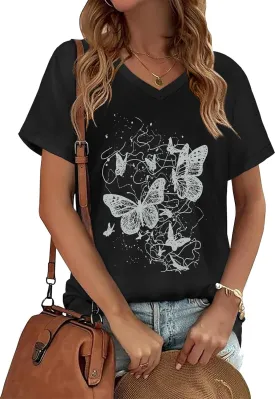 Womens T Shirts V Neck Short Sleeve Summer Tops Casual Basic Tees