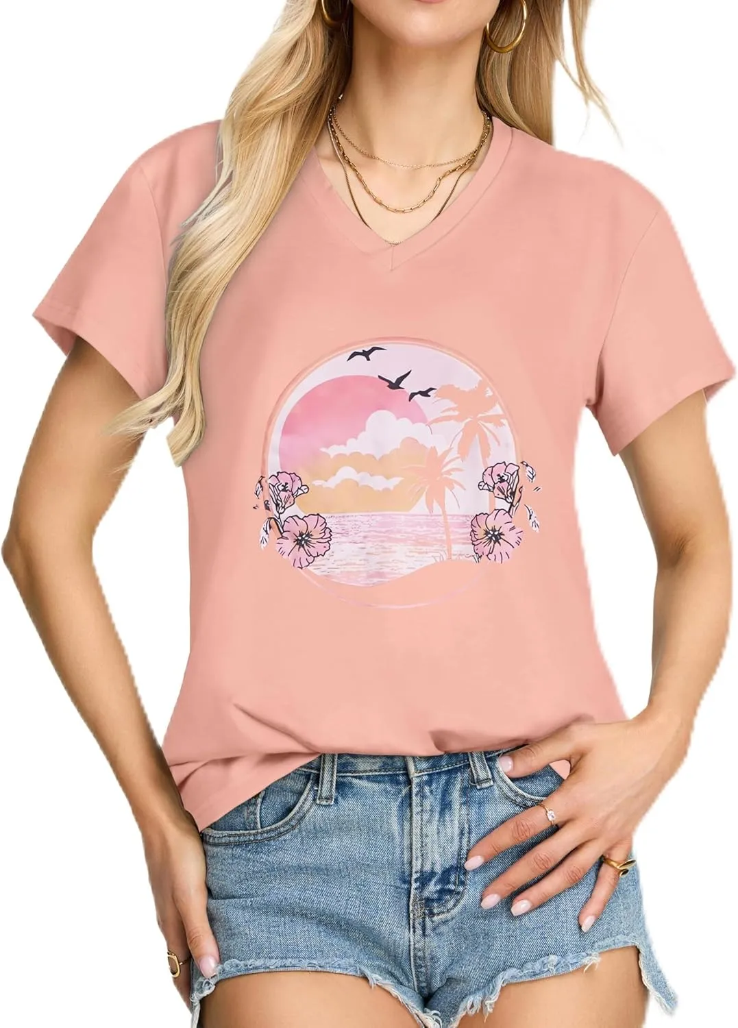 Womens T Shirts V Neck Short Sleeve Summer Tops Casual Basic Tees
