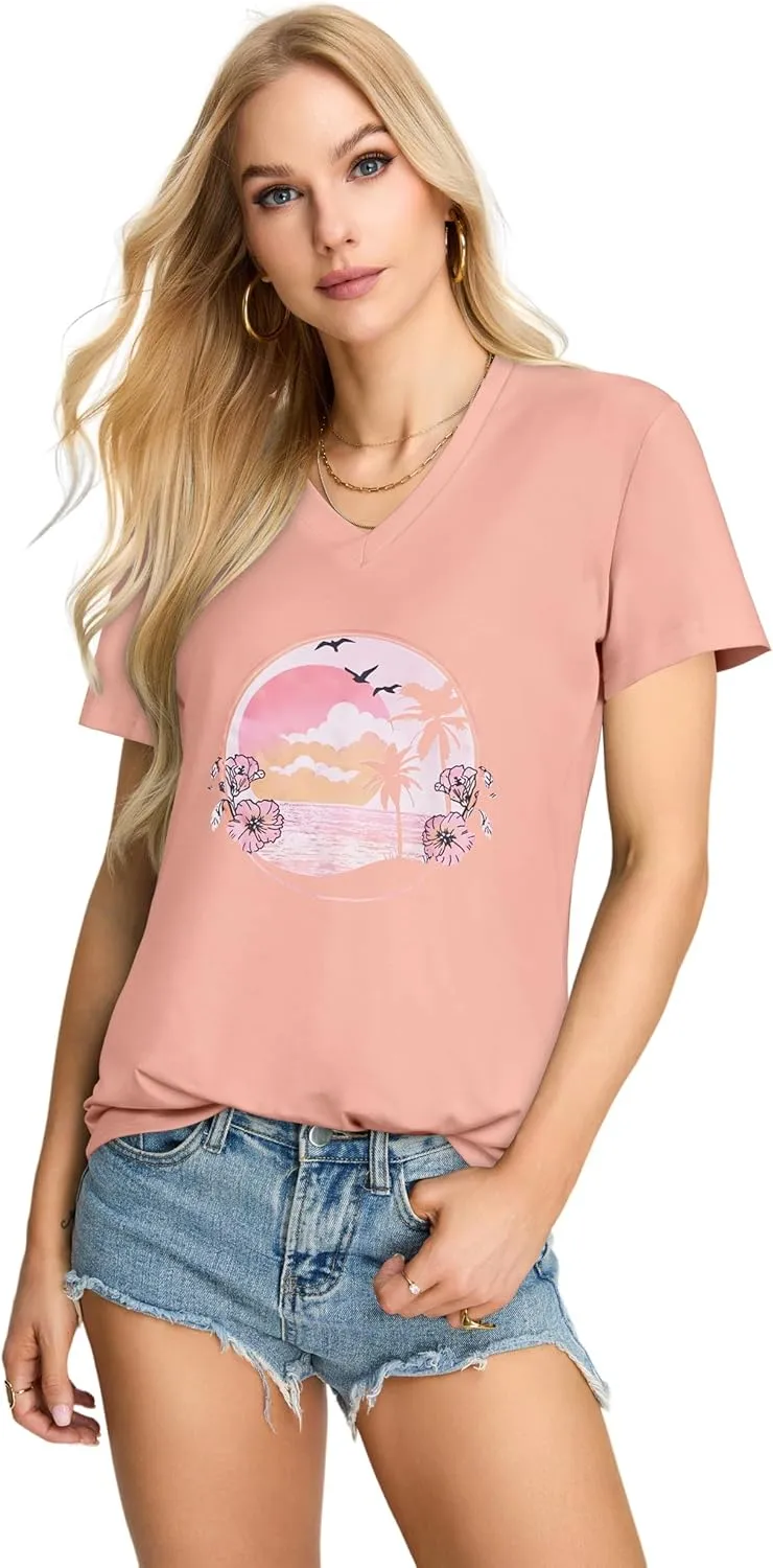 Womens T Shirts V Neck Short Sleeve Summer Tops Casual Basic Tees