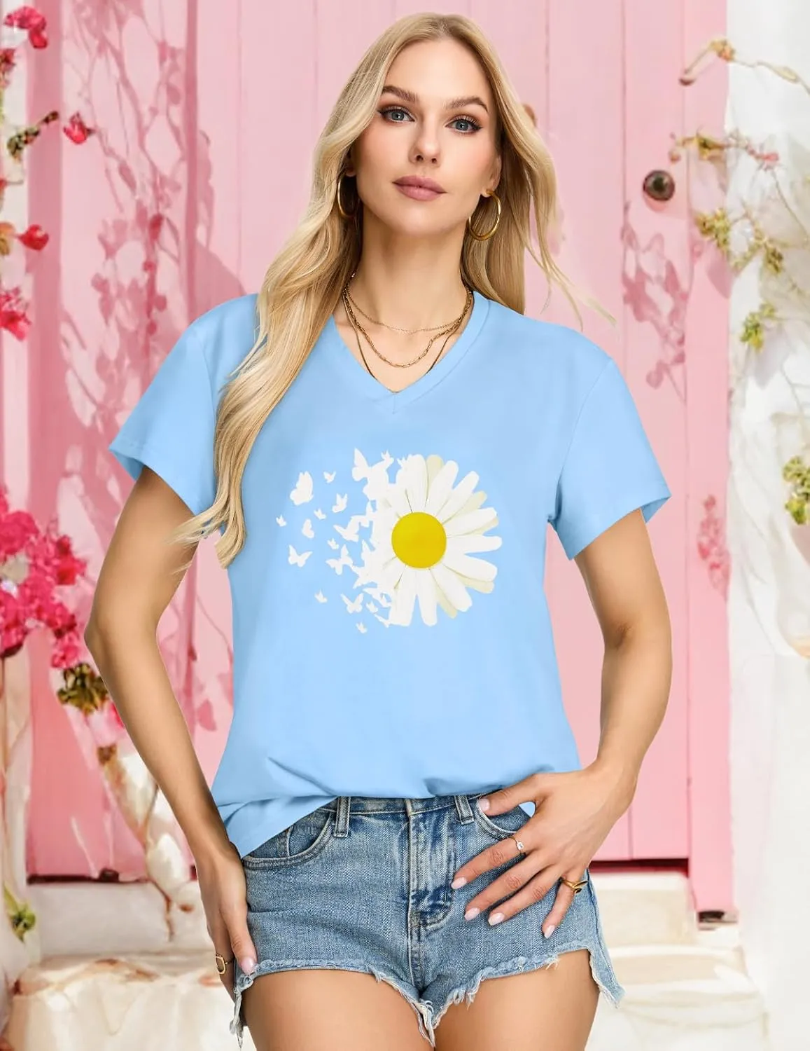 Womens T Shirts V Neck Short Sleeve Summer Tops Casual Basic Tees