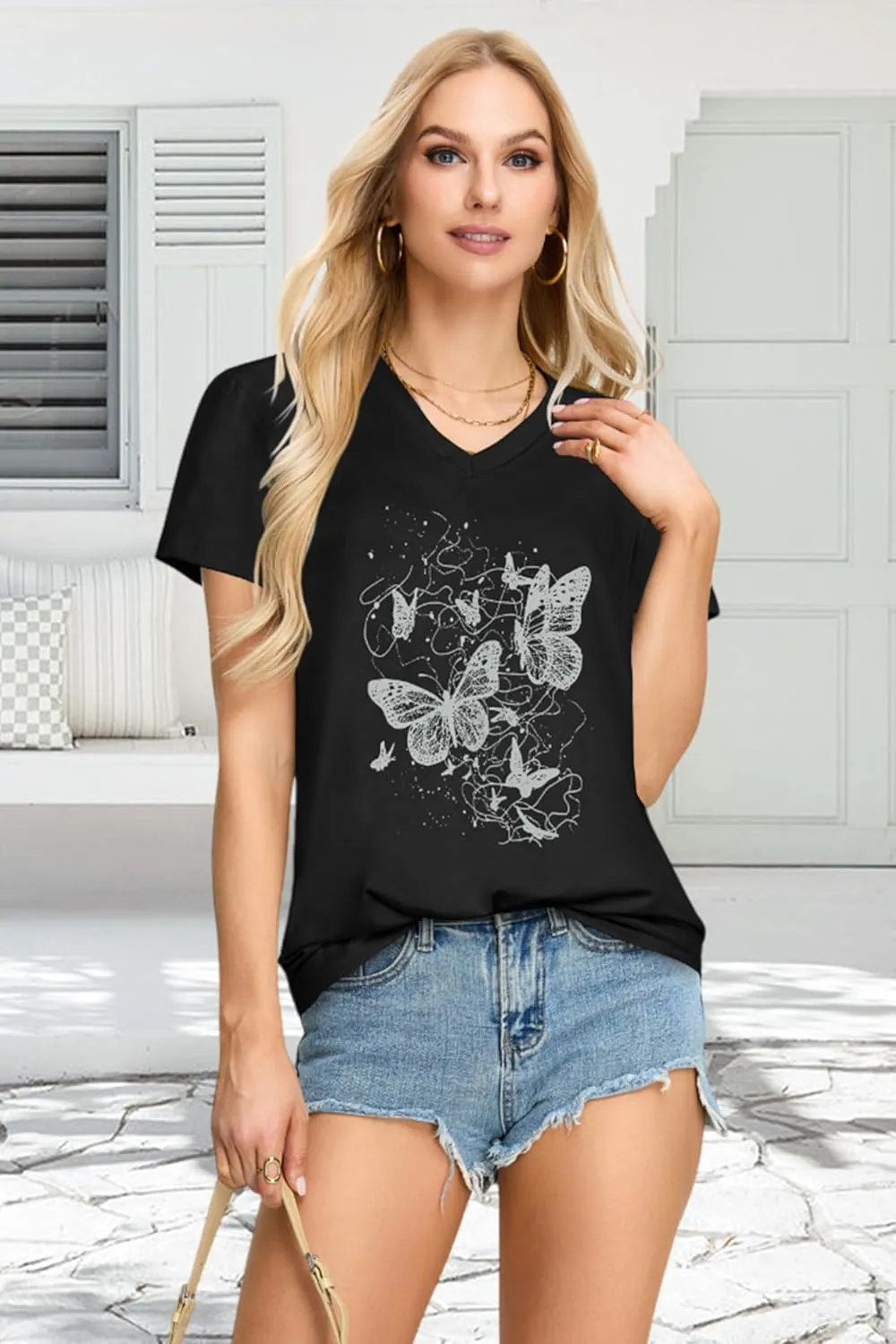 Womens T Shirts V Neck Short Sleeve Summer Tops Casual Basic Tees
