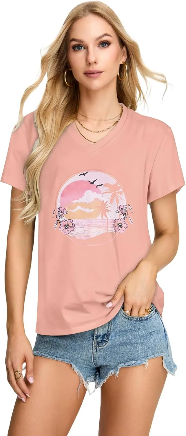 Womens T Shirts V Neck Short Sleeve Summer Tops Casual Basic Tees