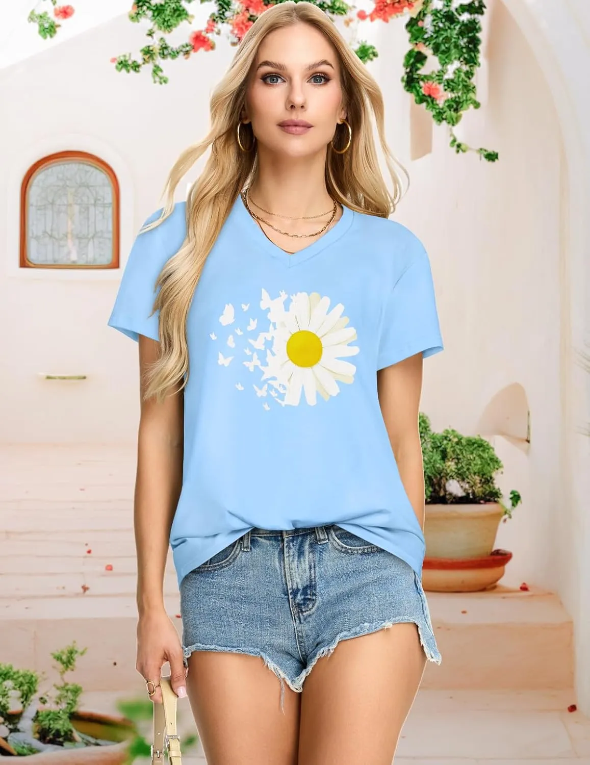 Womens T Shirts V Neck Short Sleeve Summer Tops Casual Basic Tees