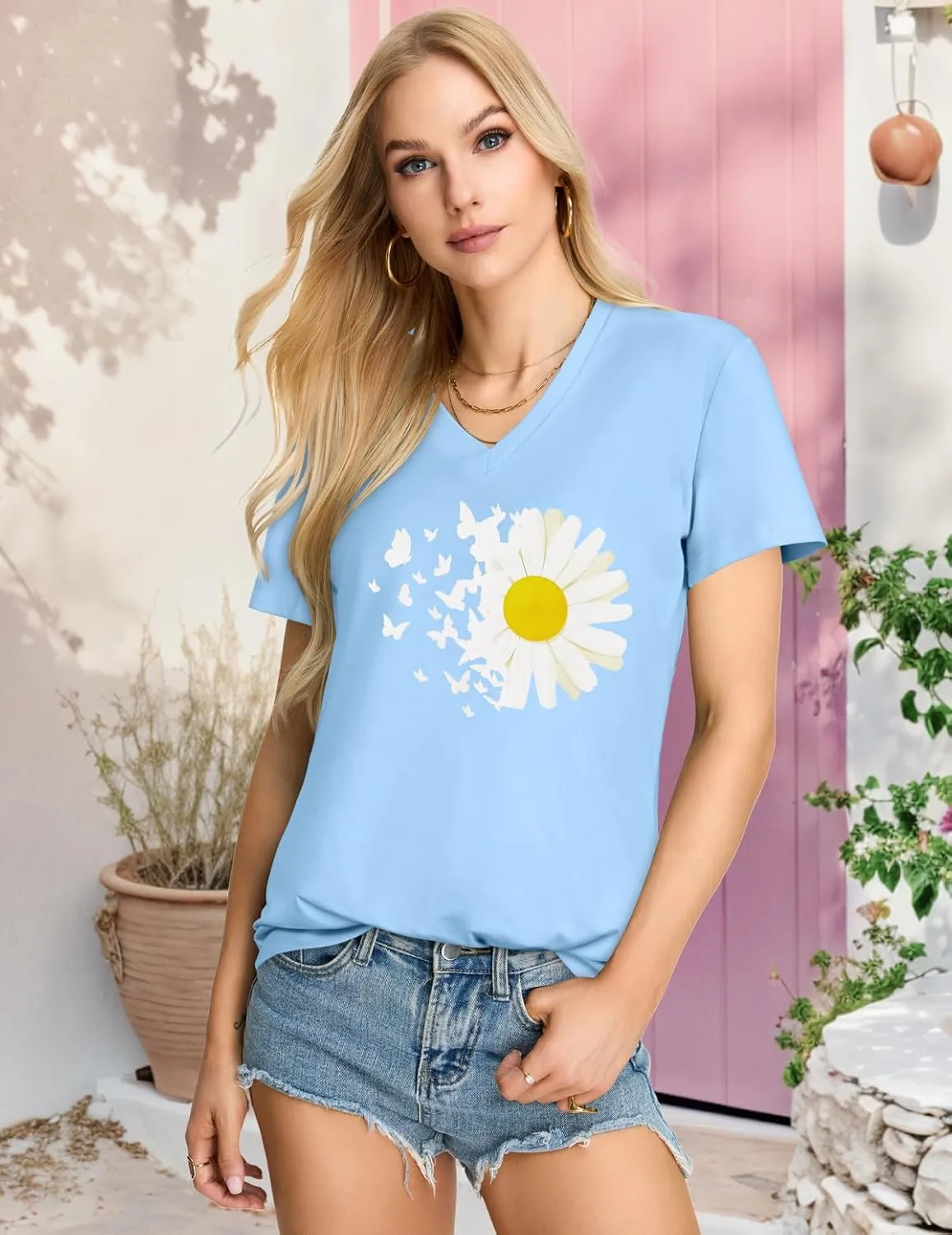Womens T Shirts V Neck Short Sleeve Summer Tops Casual Basic Tees