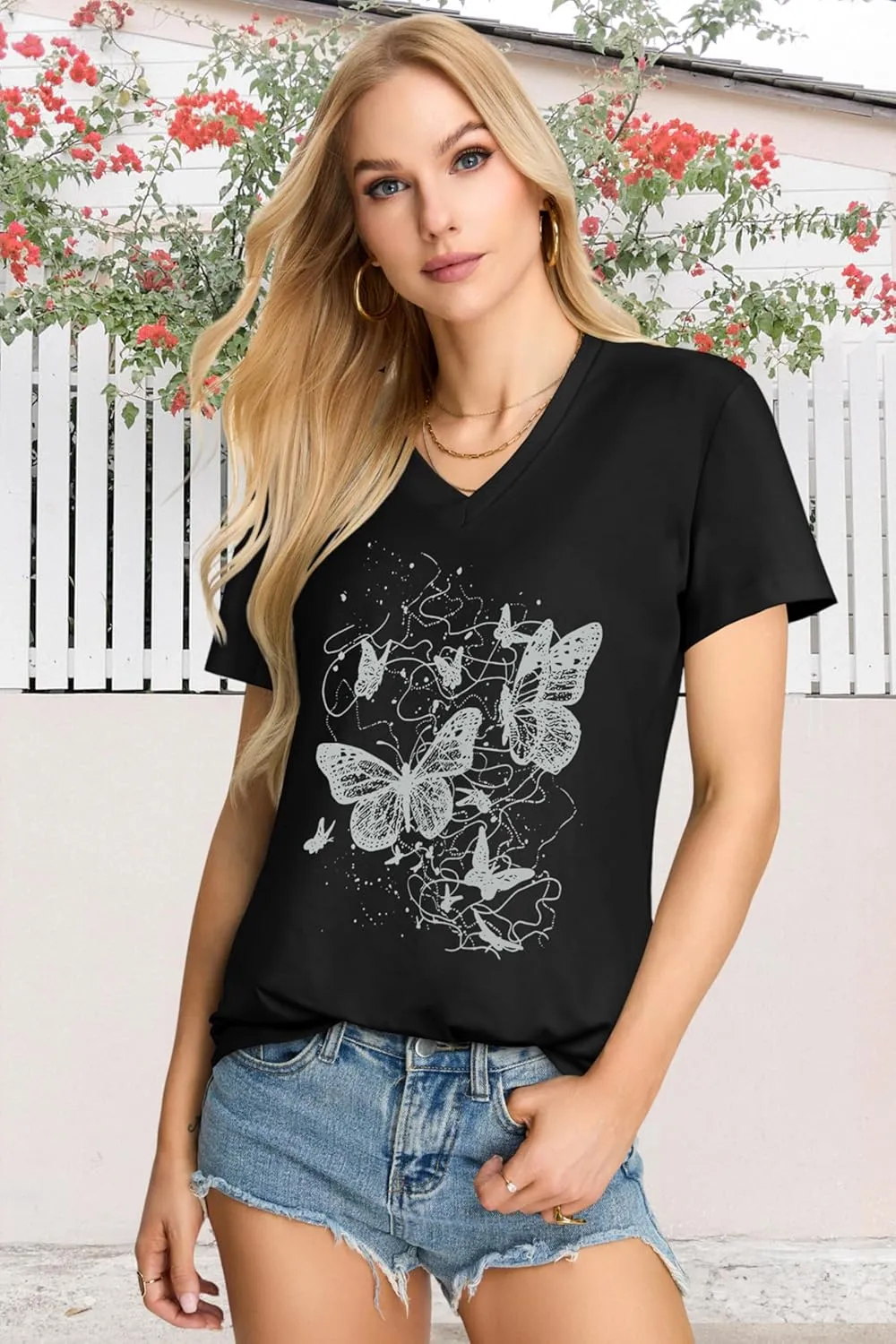 Womens T Shirts V Neck Short Sleeve Summer Tops Casual Basic Tees