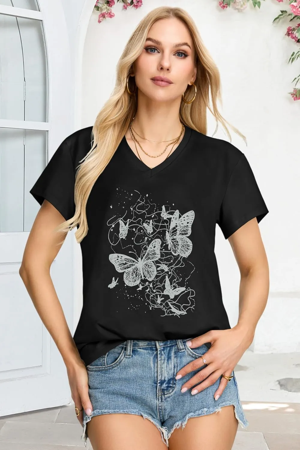 Womens T Shirts V Neck Short Sleeve Summer Tops Casual Basic Tees