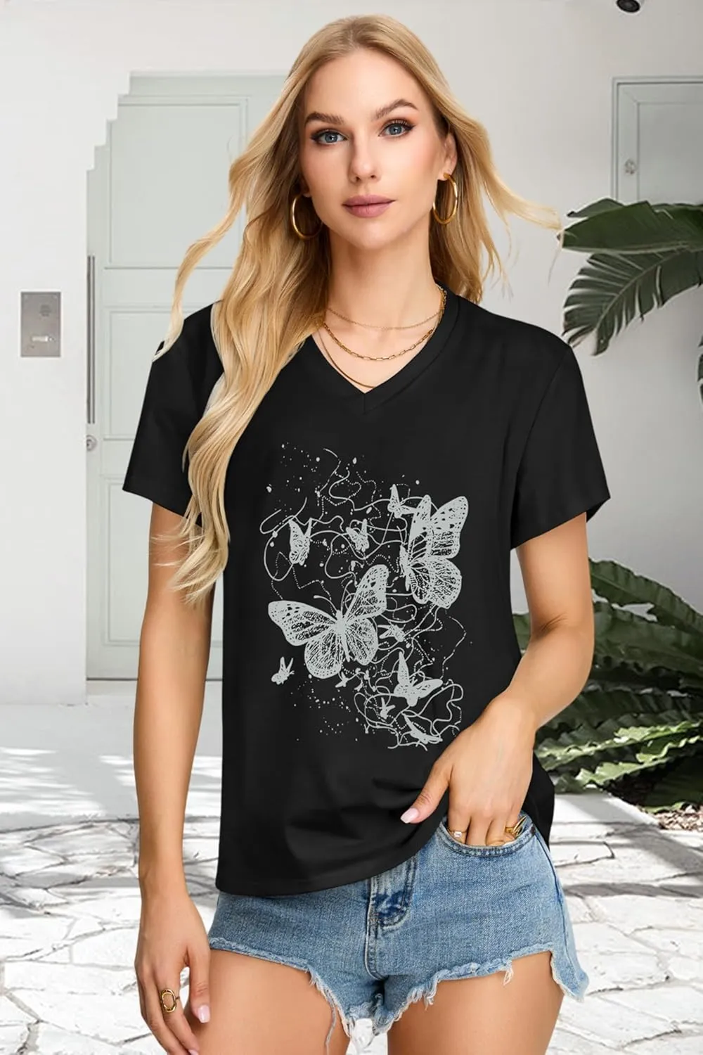 Womens T Shirts V Neck Short Sleeve Summer Tops Casual Basic Tees