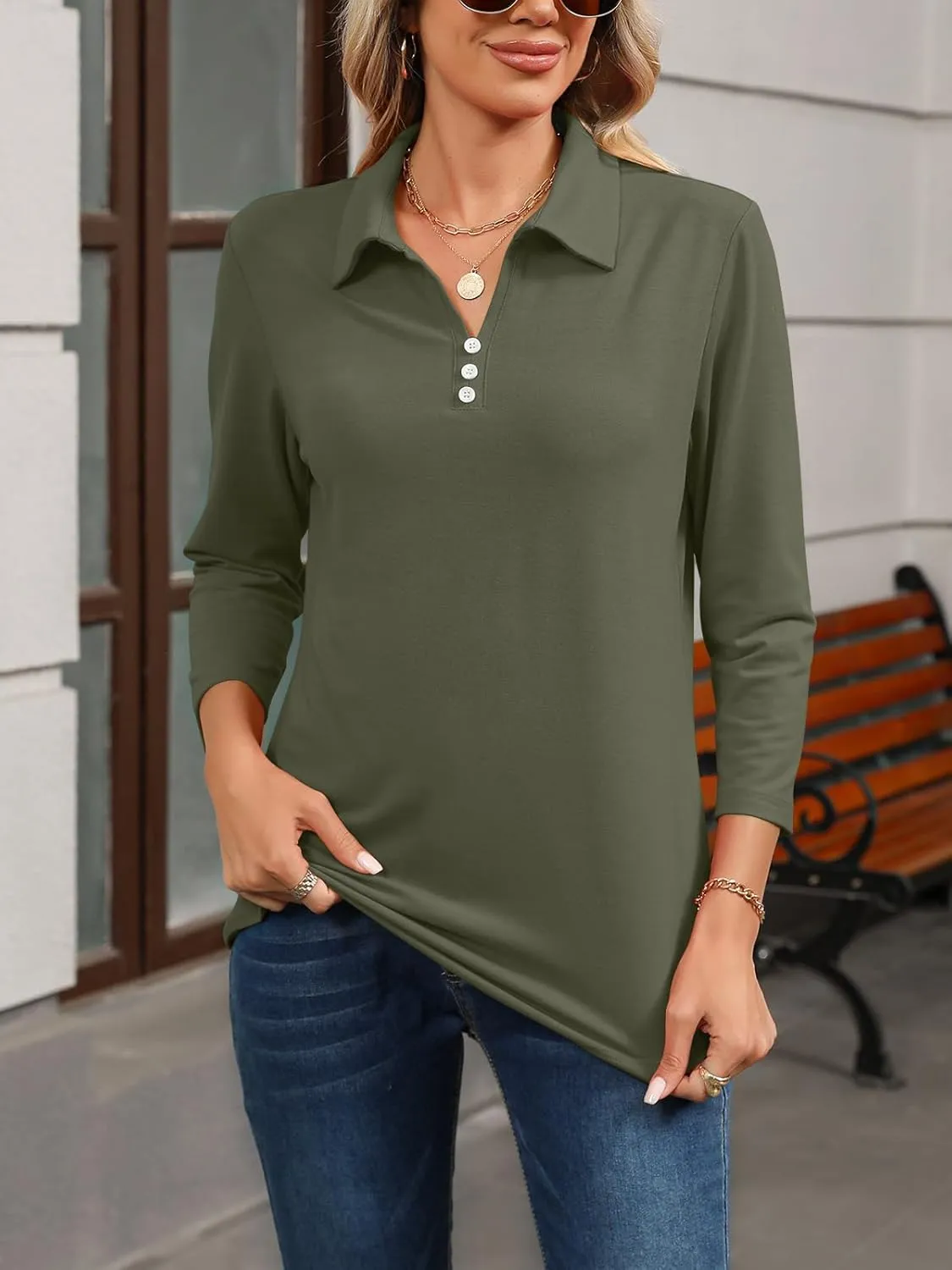 Womens Tops 3/4 Sleeve Polo Shirts Business Casual V Neck Collared Shirts Basic Tees Blouse
